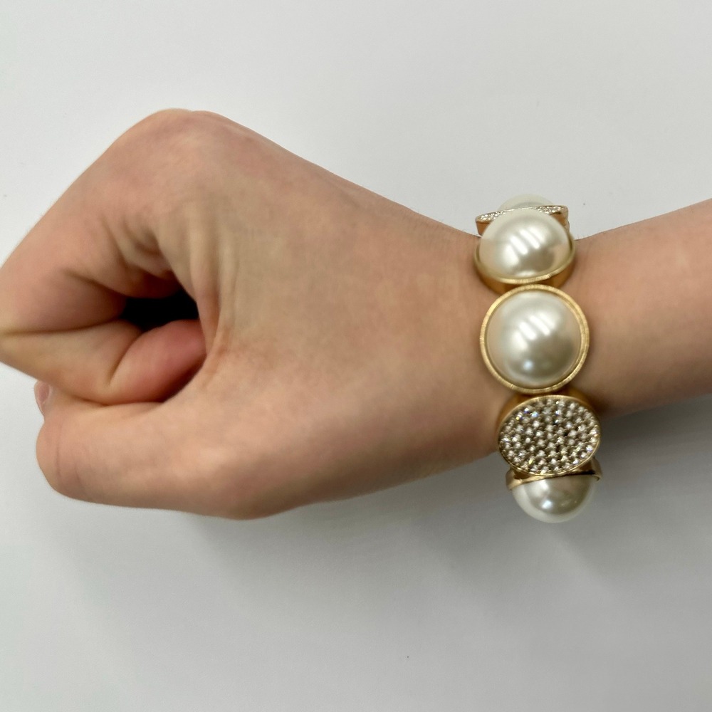 Chunky Faux Pearl Rhinestone Stretch Bracelet Gold Tone Statement Dome Bling - Picture 5 of 7
